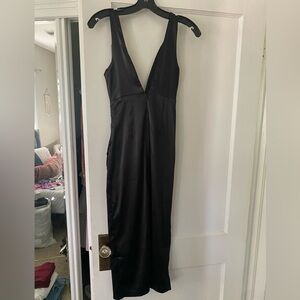 Deep V black satin midi dress!